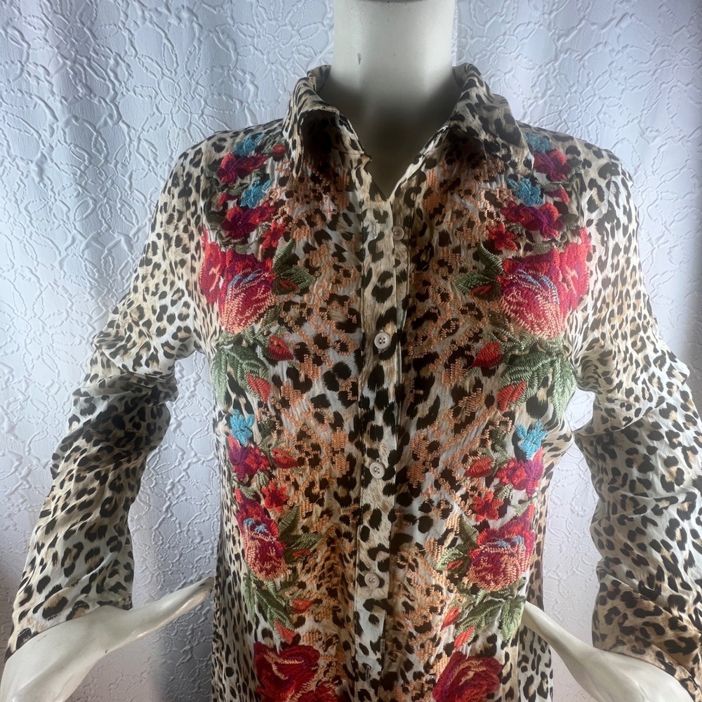 Savanna Jane Leopard Floral Embroidered Button Down Maxi Shirt Dress Size M - Picture 4 of 11